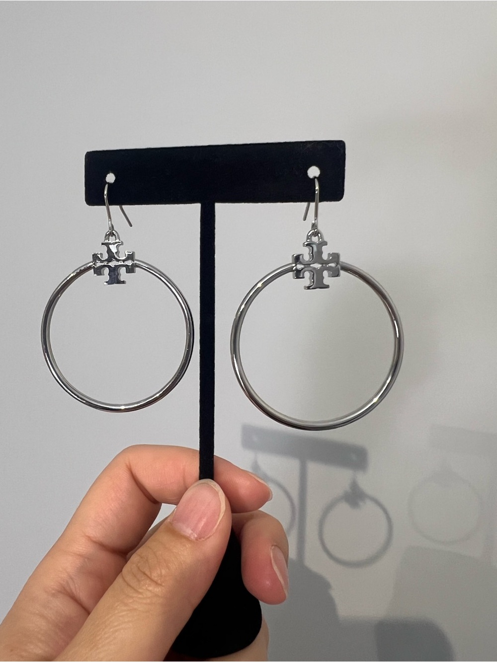 Tory Burch Silver Logo Hoop Earrings with Dangle Emblem